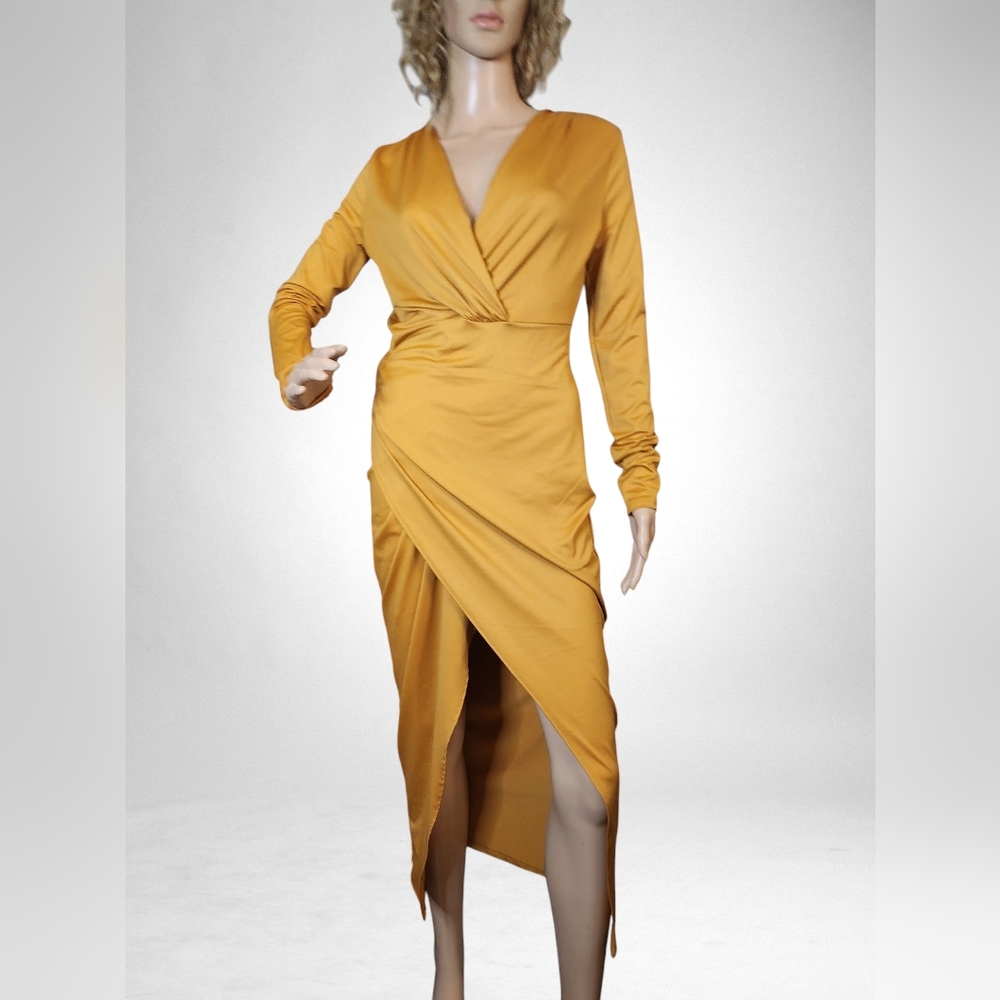 Fashion Nova Elegant Gold Wrap Dress Sz L
